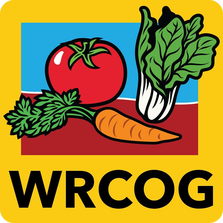 A colorful logo with a tomato, carrot, and green leafy vegetable on a blue and red background. "WRCOG" is written in bold black letters below.
